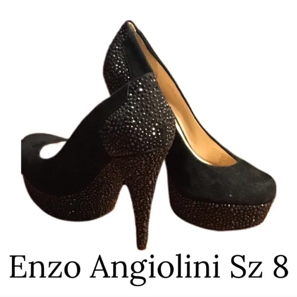 Enzo Angiolini black suede crystal platform heels size 8 event gala prom
